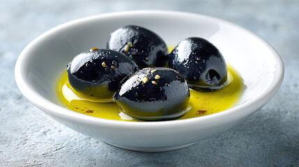 Bowl of shiny black olives in olive oil appetizer.