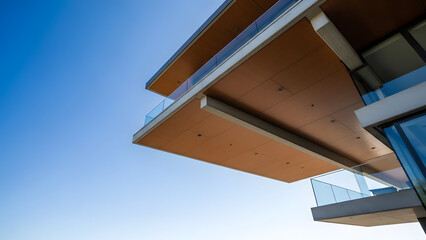 Abstract low-angle view of a modern building's extended balconies or roof eaves with glass railings against a clear blue sky.