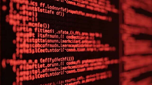 A close-up video of red computer code on a dark background