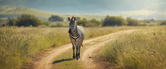 Fototapeta premium Male zebra walking at Cabarceno wildlife park located in Cantabria, Spain