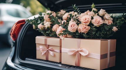 Gift boxes and flowers in open car trunk, romantic surprise and care concept
