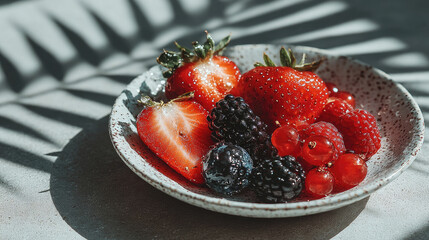 Bowl of Fresh Berries Under Palm Shadow.