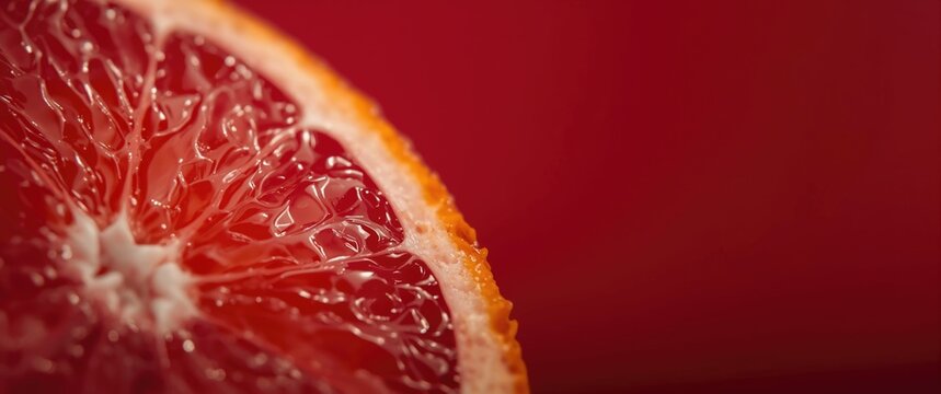 Red grapefruit slice detailed view isolated on red backdrop