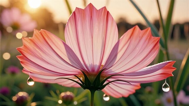 Slow motion pink flower with dew drops in garden at sunrise