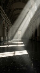 Fototapeta premium Strong rays of daylight pierce the gloom of a long, ornate interior hallway.