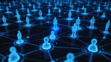 A digital illustration of a connected network of glowing people icons representing Customer Relationship Management systems that using data and AI automation to connect clients, digital relationships