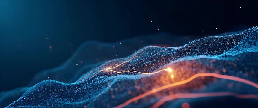 Dynamic digital waves gently undulate in a mesmerizing abstract landscape, with a slow camera pan revealing a vibrant, glowing network of particles in a futuristic, cinematic style.