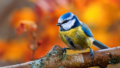 Naklejka premium Blue Tit Bird Perched On Branch Blue Tit Or Cyanistes Caeruleus Sit On Tree Branch Over Blurred Autumn Background Eurasian Blue Tit Is Small Bird With Blue And Yellow Plumage Close Up Tit Portrait