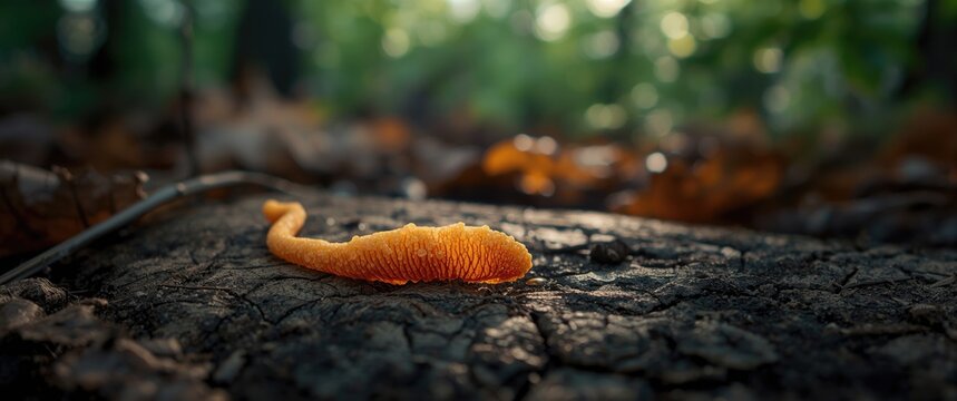 Orange veiny and granular plasmodium of Physarum slime mold spreading on dead leaves