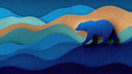Blue Bear Silhouette Amidst Layered Paper Landscape.