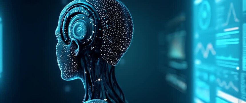 Futuristic AI robot analyzes digital data on glowing screens, as camera slowly pans across a high-tech interface, with ambient lights flickering in a cinematic tech scene.