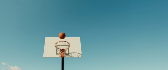 Looking up at a basketball hoop with net and orange ball against a clear, cloudless sky