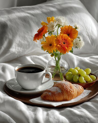 Breakfast in Bed Coffee Croissant Grapes and Flowers.