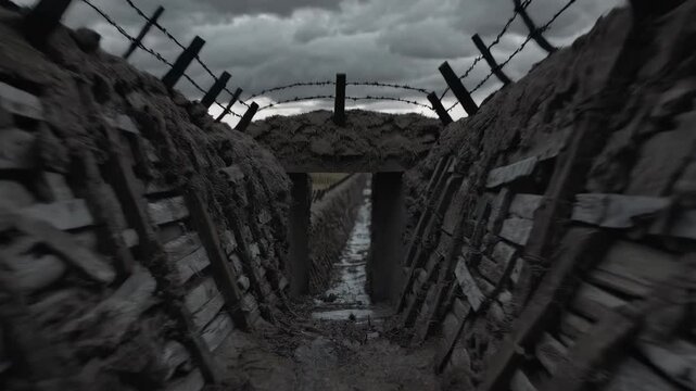A historic world war i trench, lined with wooden planks and barbed wire, stretches into the distance under a dramatic stormy sky. the scene evokes a sense of desolation and the harsh conditions faced 