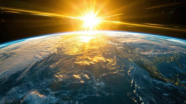 A stunning view of the world as sunlight breaks through and illuminates the planet's surface.