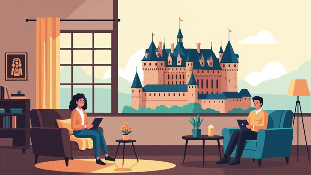 Two people in armchairs with a castle view from a window