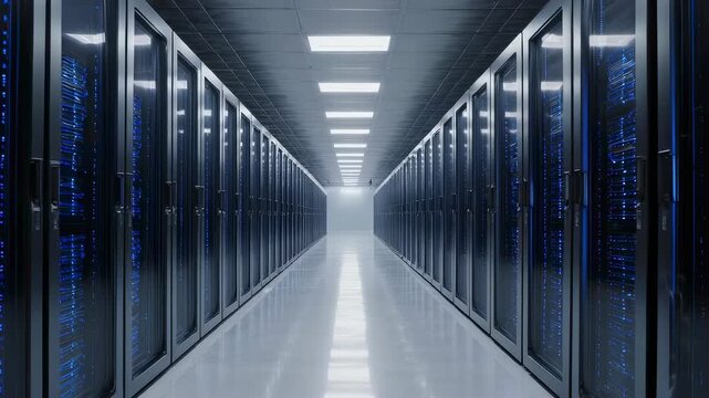 High-tech data center featuring a symmetrical hallway lined with rows of server racks. bright overhead lights illuminate the reflective floor, the advanced technology within the servers. an ideal sett