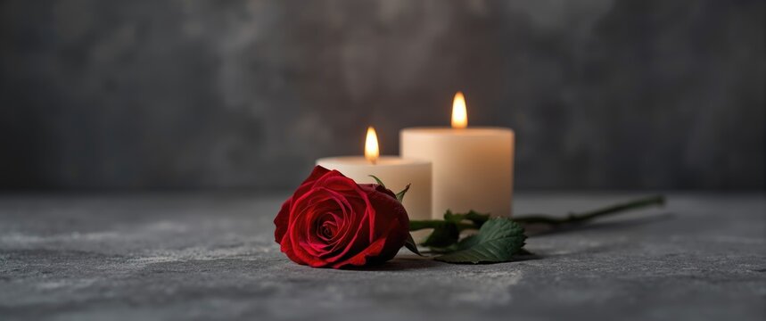 Close-up of red rose and candles symbolizing mourning, death, and sorrow on textured surface
