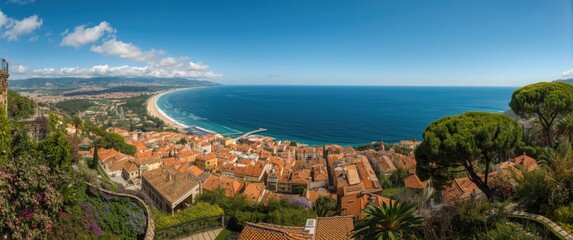 Nice cityscape featuring orange rooftops and the blue sea seen from above with flowers, beach, travel, landscape, sea, green, blue, orange, ocean