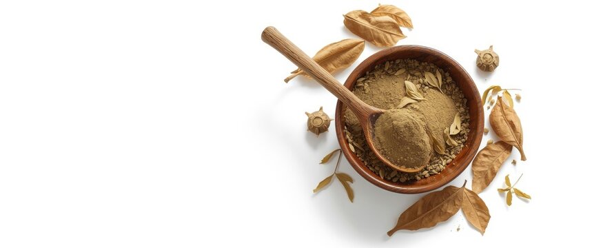 Dried Andrographis paniculata leaf (Kariyat) powder in wooden bowl with spoon, closeup shot on white background