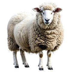 A fluffy, woolly farm animal with a light-colored coat, standing on a transparent background, staring directly at the viewer