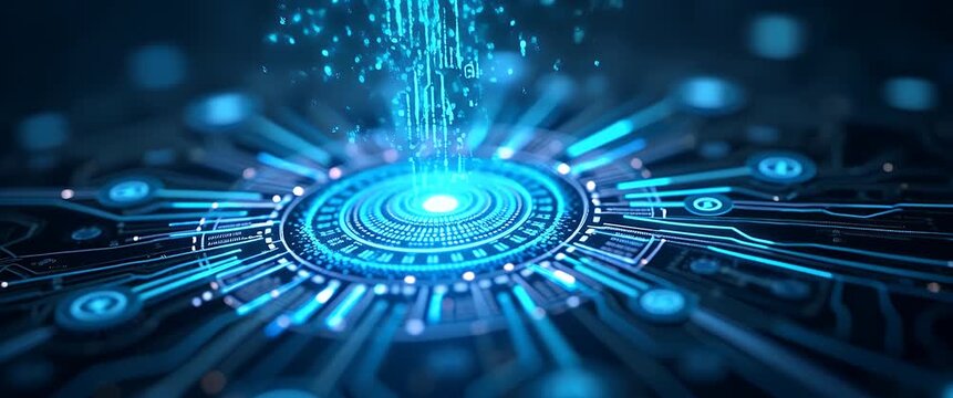 Futuristic circuit board pulses with digital energy in a cinematic close-up, as the camera slowly pans, highlighting intricate electronic patterns and dynamic blue neon lights.