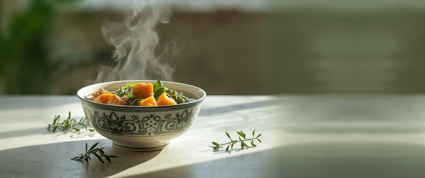 Chicken soup in a bowl presented