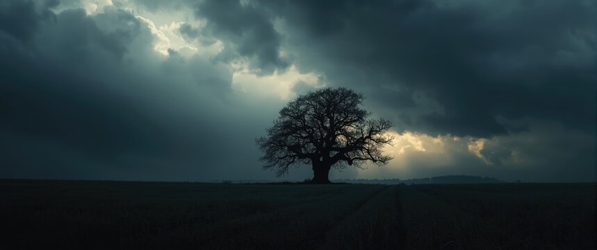 A field with a tree silhouette under looming dark clouds