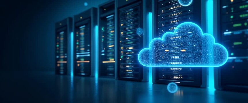 Cloud computing servers in a futuristic data center glow softly as the camera slowly pans, highlighting digital innovation and technology infrastructure in a cinematic style.
