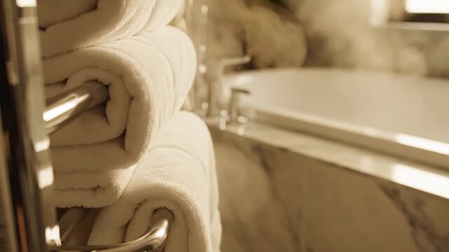 Detailed close-up of fluffy soft white cotton towels hanging on a sleek heated chrome rack inside a luxurious modern bathroom featuring warm cozy ambient lighting and minimalist interior design.