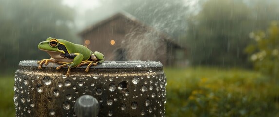 Morning scene with a green tree frog on a condensation-covered rain gauge