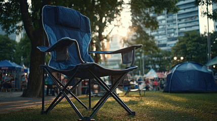Camping Chair in Urban Park at Sunset.