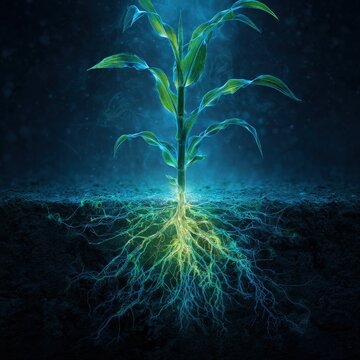 The vibrant corn plant with glowing roots showcases the connection between life, energy, and growth. Its roots delve into the earth. ..Created with Generative AI, not depicting real subjects.