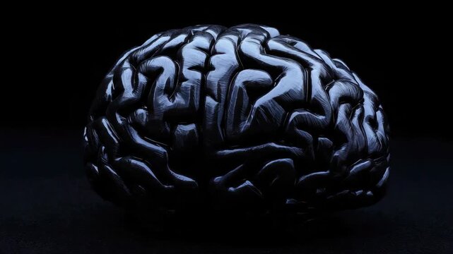 This is an of a brain model with various parts labeled to represent the concept of mind mapping or cognitive function. The features shades of blue and black.