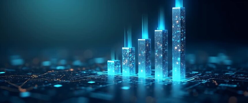 Futuristic digital bar chart rises dynamically, surrounded by glowing data points, as the camera slowly pans across a high-tech, cinematic interface with ambient light flicker.