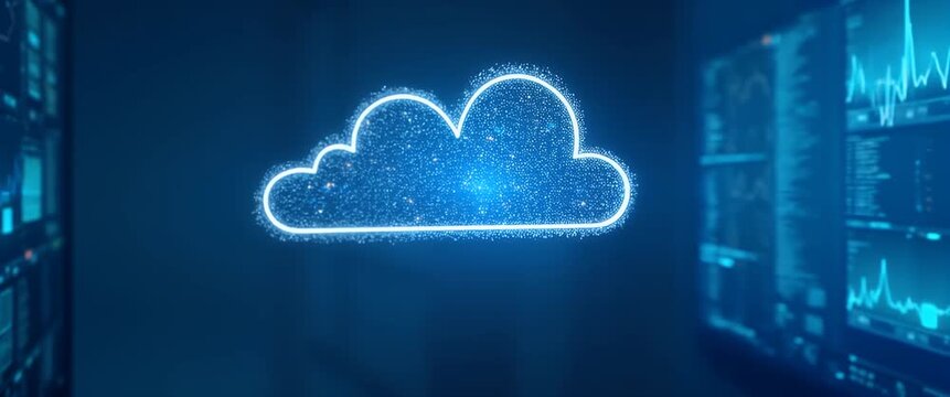 Cinematic close-up of a glowing digital cloud icon floating over dynamic data screens, with a slow pan capturing ambient light flickers, highlighting cloud computing innovation.