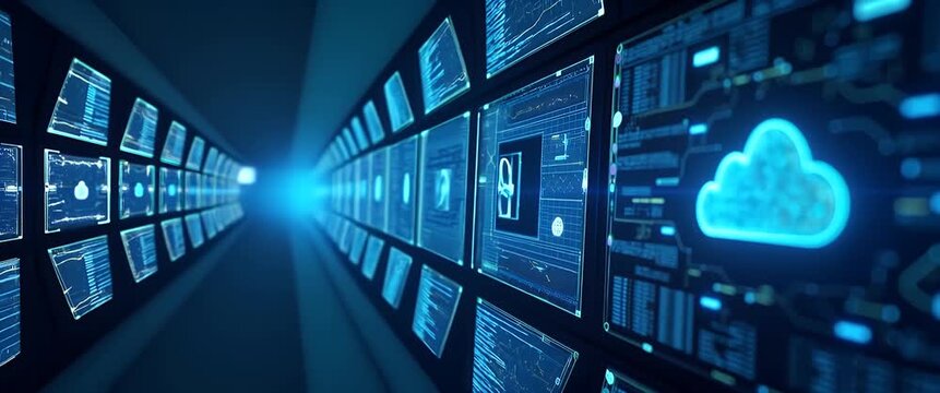 Futuristic data cloud computing hub with digital interfaces pulsating, camera slowly tracking along the corridor, creating a cinematic, immersive, high-tech environment.