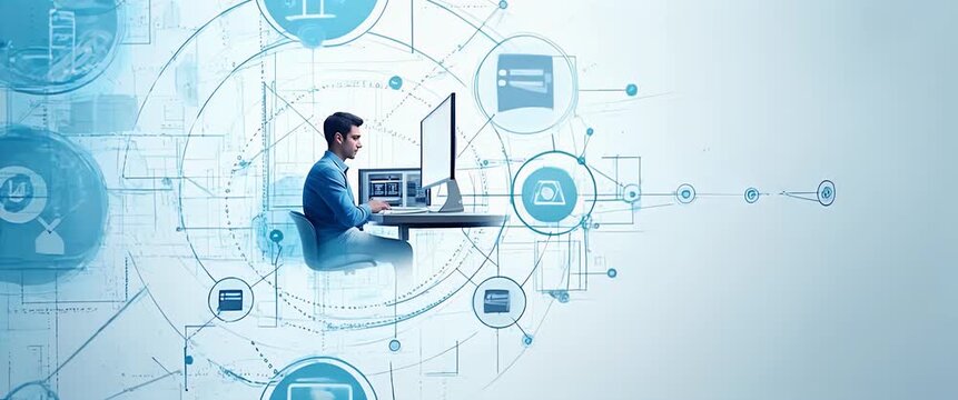Innovative professional working on a computer in a futuristic digital network interface as the camera slowly pans, with ambient data graphics animating in a sleek, cinematic style.