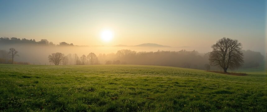 Autumn morning scene with foggy grassland, forest, and sky in the background