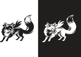 Fototapeta premium Full body fox mascot illustration running pose black white contrast vector character design