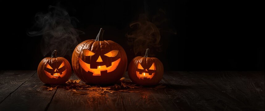 Halloween scene featuring three Jack-o'-lantern pumpkins glowing with fire and light, capturing autumn, black background, and festive faces - Powered by Adobe