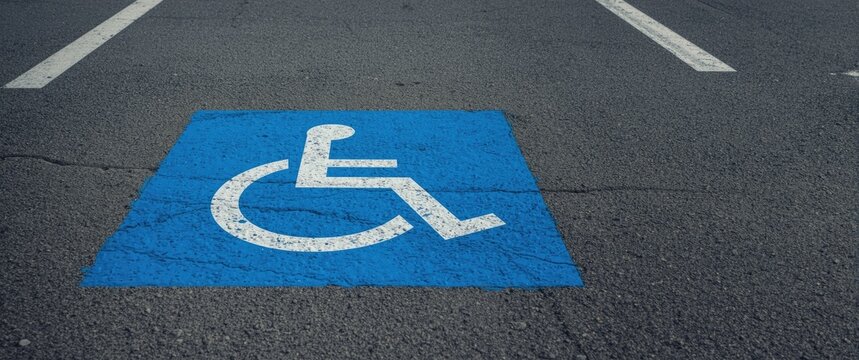 Prominent blue disabled parking sign featured centrally in this background image, marking a specific parking area for individuals on asphalt