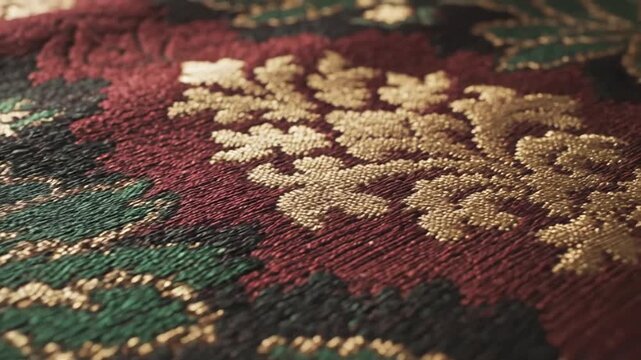 Macro view of opulent decorative textile showcasing elaborate weave with emerald green, ruby red, metallic gold, and charcoal black silk yarn in traditional artistic tapestry style.