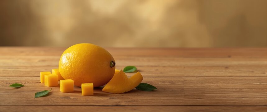 Tropical mango on wooden floor featuring background, abstract art, food, wood table, leaf, fruit