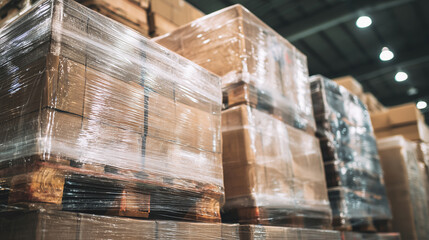 Pallets wrapped in plastic in warehouse, freight and storage logistics scene