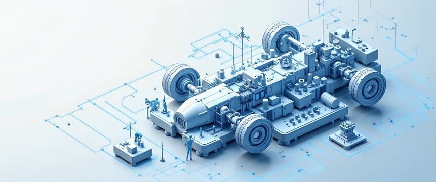 Intricate blueprint animation of futuristic vehicle design with engineers examining, featuring a slow camera pan and subtle ambient motion, in a sleek, cinematic style.