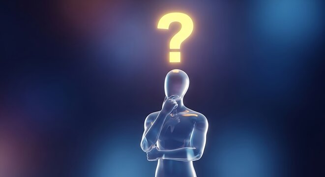 Illuminated figure ponders a glowing question mark, symbolizing thought and inquiry.