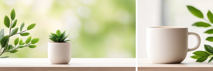 Coffee mug and potted plant on a wooden table. Fresh green leaves and a blurred natural background create a minimalist and fresh concept