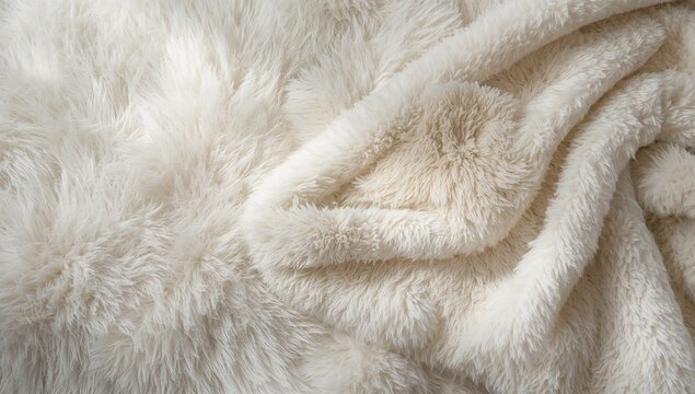 Soft white fluffy fur covering used as a cozy interior decor element, ideal for textile backgrounds