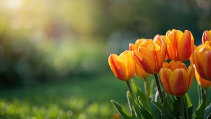Bright orange and yellow tulips arranged in a floral display for landscape decoration, seasonal bloom